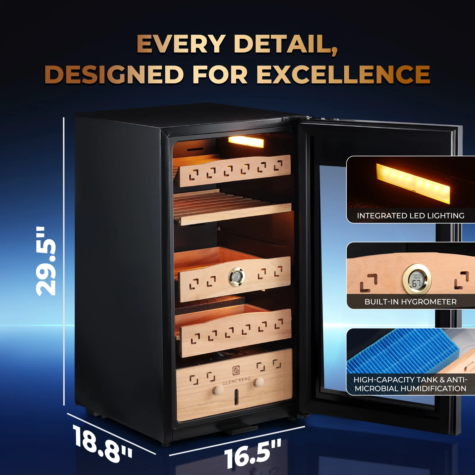 CM80D Electric Cigar Humidor Cabinet with Compressor Cooling, 900 Counts - Image 6